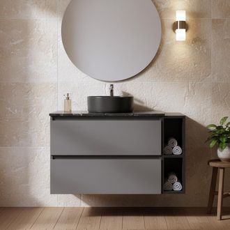 Urban Meuble Urban Meuble Mobile Lavabo Sospeso Con Vasca Grigio-nera, Doppio Cassetto E Piano In Marmo Nero (rubinetteria Non Inclusa)