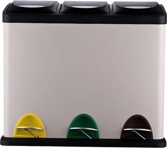 Relaxdays Cestino Relaxdays, 3 scomparti, 24 L, pedale, secchio interno, separatore rifiuti cucina, 39,5&times;46&times;26,5 cm, ferro beige