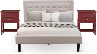 East West Furniture FN08Q-2VL13 3-Piece Fannin Queen Bed Set Furniture with 1 Queen Size Frame and 2 Small Nightstands - Mist Beige Linen Fabric