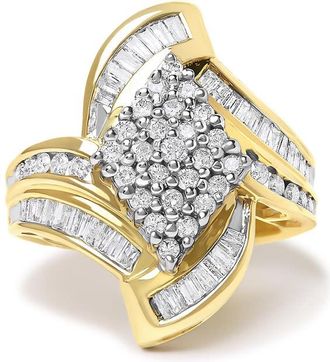 House of Brilliance 14K Yellow Gold 1-1/3 Cttw Round and Baguette Diamond Bypass Cocktail Ring