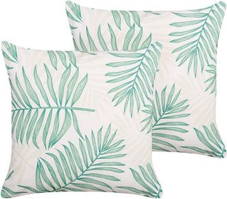 Beliani Beliani - Conjunto De 2 Cojines De Jard&iacute;n Almohada De Exterior 45 X 45 Cm Poli&eacute;ster Motivo Hojas Palmera Beige Y Verde Poggio