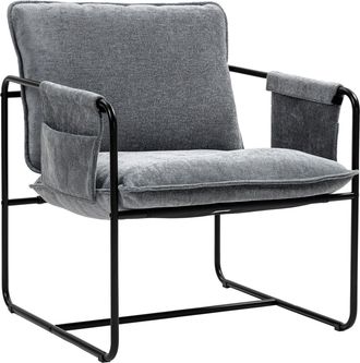 HOMCOM Upholstered Reading Chair with Side Pockets and Steel Frame - Grey | TJ Hughes