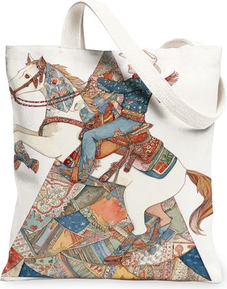 Generic Vintage Artistic Canvas Tote Bags, Horse and Pattern Design Reusable Grocery Bags, Lightweight Washable Shoulder Strap Canv, White, 13x15 Inch