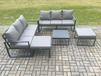 Fimous Aluminium 5 Pieces Garden Furniture Sofa Set with Cushions 8 Seater Outdoor Patio Set with Square Coffee Table 2 Big Footstools