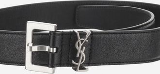 Saint Laurent Mens Belt With Monogram Plaque Black Calfskin