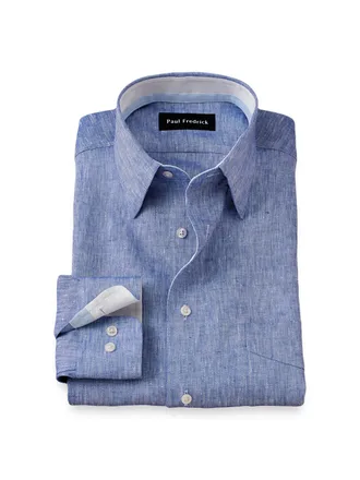 Paul Fredrick Non-iron Linen Solid Dress Shirt With Contrast Trim