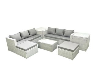 Fimous Garden Outdoor PE Rattan Furniture Set 8 Seater Rattan Garden Sofa Set with 2 Big Footstools 2 Side Tables Light Grey Mixed