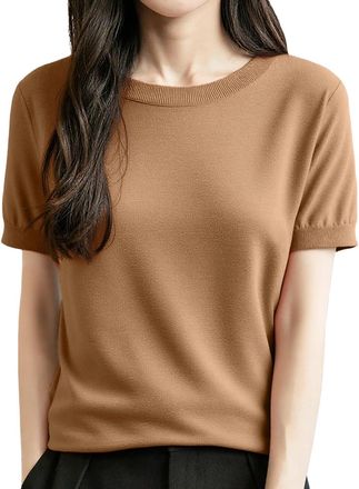 Generic Short Sleeve Jumpers for Women UK Crew Neck Loose Fit Pullover Spring Summer Knitted Sweater Casual Base Layer Top Lightweight Soft Blouse Knitwear