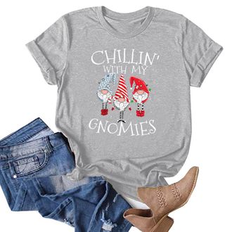 Generic Womens Ladies Christmas Glitter T Shirt Elf Reindeer Santa Snowman Print Xmas Tops Grey