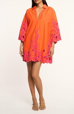 Cinq &agrave; Sept Embroidered Paisley Bloom Cotton Minidress in Bright Clementine/Azalea at Nordstrom, Size X-Small