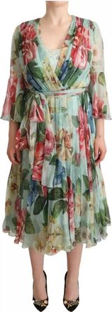 Dolce & Gabbana Bloemenprint zijden jurk - Blauw - Dames - Casual kleedjes - Veelkleurig - M - Kleedjes