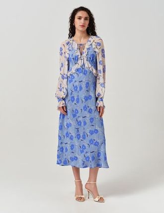 Ghost London Naomi Floral Longsleeve Frill Midi Dress in Blue Poppies at Nordstrom, Size 14
