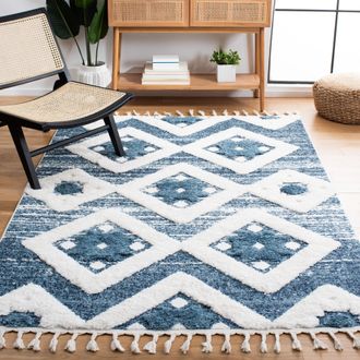 Safavieh Moroccan Tassel Shag Area Rug, Blue / Ivory Bohemian Style Non-Shedding