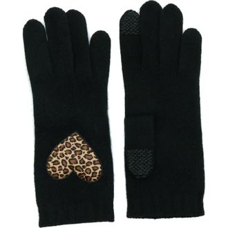 Portolano Cashmere tech gloves with heart patch in Black/leopard at Nordstrom