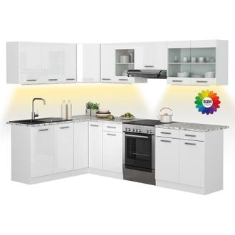 Vicco Cucina ad angolo Rick, Bianco/bianco lucido, 267 x 167 cm, pl Marmo con striscia led