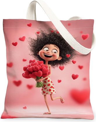 Generic ValentineS Day Hearts Canvas Tote Bags, Adorable Heart Pattern Reusable Shopping Bags, Lightweight Washable Shoulder Strap, Peach, 13x15 Inch