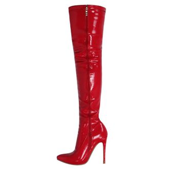 Generic Red,3.5 UK,Side Zipper Stiletto Heels Thigh High Boots for Women Pointy Toe Comfy Over The Knee Boot Patent Leather PU Wedding Party Dress Shoes