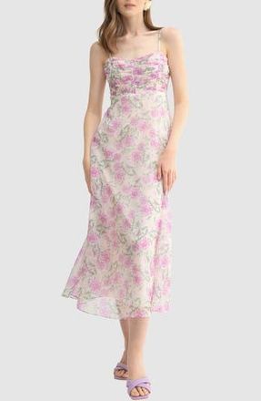 Lush Floral Shirred Bodice A-Line Midi Dress in Lavender Cream at Nordstrom Rack, Size Medium