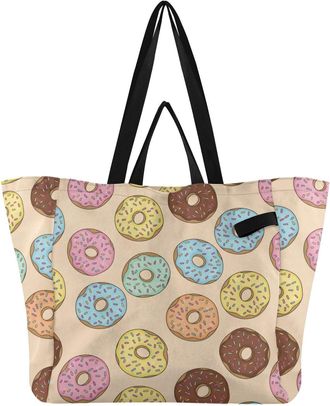 Generic Donuts Beige pattern Reusable Canvas Tote Bag, Heavy Duty Grocery Shopping Bag with Large Capacity Double Handles Hard Bottom Work Groceries Travel