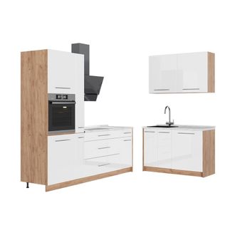 Vicco Cocina Fame-line, Blanco Alto Brillo/roble Dorado, 220 X 120 Cm, Et M&aacute;rmol, Vicco