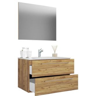 ebuy24 VCM 3 pz Lavabo lavabo lavabo larghezza armadio inferiore 80 cm set di mobili da bagno appeso con uno specchio a cassetto Badinos (rovere miele)