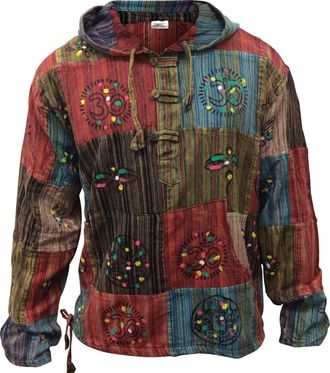 Shopoholic Fashion Stonewashed Stripe Patchwork Hippie Hooded Grandad Shirt, 3XL Multicolor