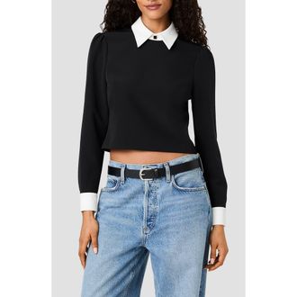 French Connection Echo Crepe Collared Long Sleeve Top in Black/winter White at Nordstrom, Size 12