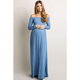Pinkblush Petite Solid Off Shoulder Maternity Maxi Dress in Blue at Nordstrom, Size Medium