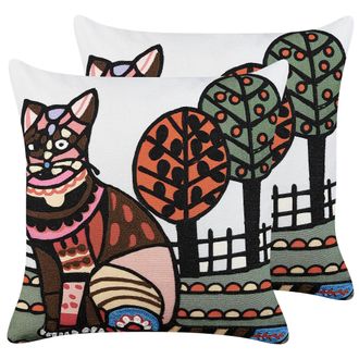 Beliani Conjunto De 2 Cojines De Algod&oacute;n Blanco Negro Marr&oacute;n 50 X 50 Cm Gato Mehsana