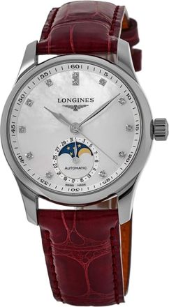 Longines Master Collection Automatic 34mm Mother of Pearl Diamond Dial Leather Strap Womens Watch L2.409.4.87.2