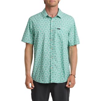 Quiksilver Ocean Mayhem Classic Sun Print Short Sleeve Cotton Button-Up Shirt in Aqua at Nordstrom, Size Xx-Large