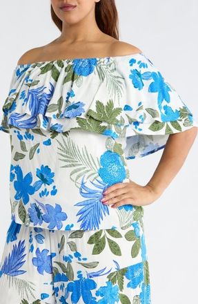 Sugarlips Zurie Floral Talisy Off the Shoulder Top in White Blue Green at Nordstrom, Size 3 X