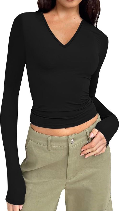 Generic Maglietta a maniche lunghe per adolescenti e ragazze aderente Y2K sexy da donna con scollo a V in cotone slim fit elasticizzata per lo sport da 5 56 su Stylight