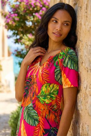 Roman Tropical Print Notch Neck Stretch Top