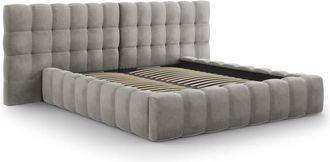 MICADONI Cama con cabecero doble y baúl de terciopelo gris claro