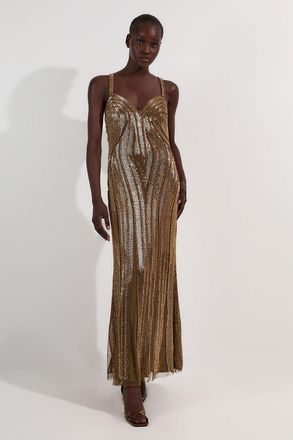 Karen Millen Womens Beaded Contour Sweet Heart Neckline Woven Maxi Dress - Gold - Size 14 UK
