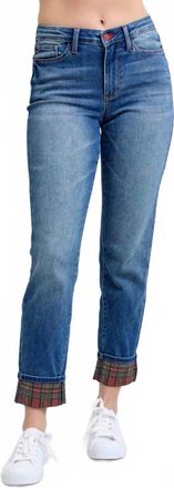 Judy Blue Mid-Rise Plaid Print Cuff Boyfriend Jeans In Medium Wash
