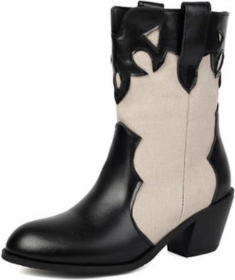 Generic Womens Western Cowboy Ankle Boots Cutout Detail Round Toe Low Chunky Heels Durable PU Leather Upper Casual Pull On Daily Rodeo Shoes,Black,3.5 UK
