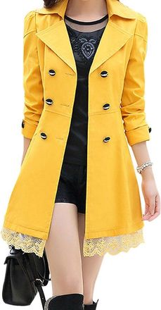 LaoZan Women Double Breasted Bowknot Long Trench Coat with Belt and Lace Hem Yellow L