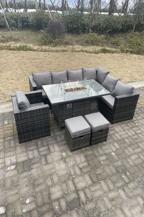 Fimous Outdoor Corner Sofa Gas Fire Pit Table Sets Heater Burner 9 Seater in Dark Grey
