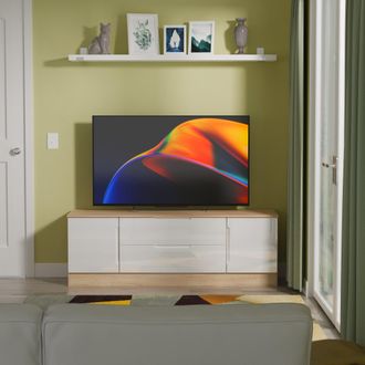 Lewis's Milan 2 Door 2 Drawer Superwide TV Unit in White Gloss & Bardolino Oak - Ready Assembled - Lewiss Home | TJ Hughes