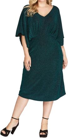 She + Sky Kimono Sleeve Lurex Stretch Midi Dress - Plus In Teal Green