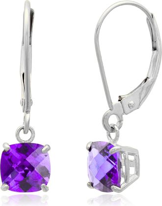 MAX + STONE Solid 10K White Gold Cushion Cut Dangle Gemstone Leverback Earrings
