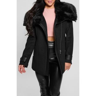 Guess Lilia Melton Coat with Faux Fur Trim in Black-Black at Nordstrom, Size X-Small