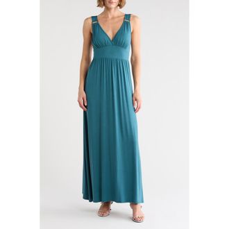 Loveappella Empire Waist Jersey Maxi Dress in Teal at Nordstrom Rack, Size X-Large