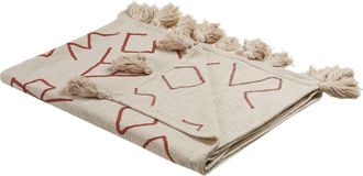Beliani Coperta Di Cotone Plaid Fatto A Mano Con Nappe 130 X 180 Cm Beige E Rosso Bhiwani