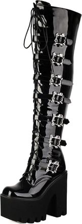 Generic Womens Patent Leather Gothic Punk Boots with Bat Wing Buckles Block High Heel Thigh High Boots Lace Up Over The Knee Boot with Zipper,Black1,5.5 UK