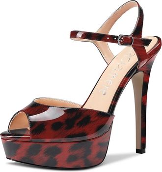 Castamere Women Stiletto High Platform Heel Peep Open Toe Sandals Ankle Strap Slingback Buckle Pumps Court Shoe Wedding Party Dress Shoes 5 Inches Heels Red Leo