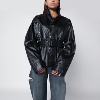Maison Margiela Black cotton laminated belted jacket