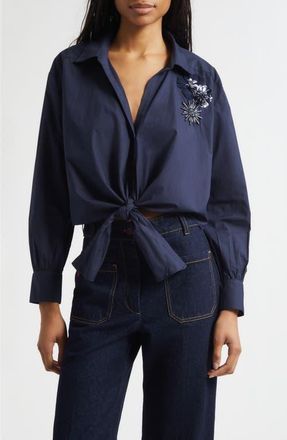 Cinq &agrave; Sept Marianna Crunchy Flower Appliqu&eacute; Tie Front Shirt in Navy at Nordstrom, Size Medium
